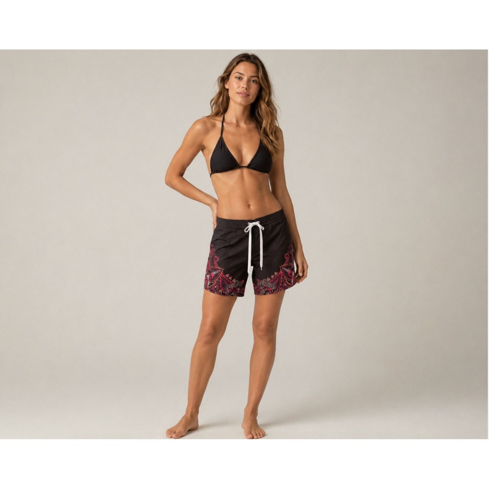 Mysterioso Board Shorts 6 Black Pink Paisley Mandala Surf Swim Beach Boho Y2K